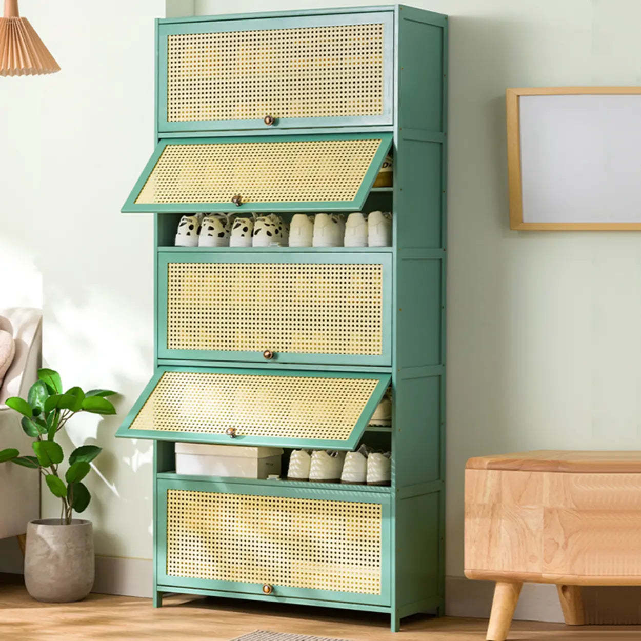 Bohemian Rattan Metal Entryway Green Drop-Front Shoe Storage