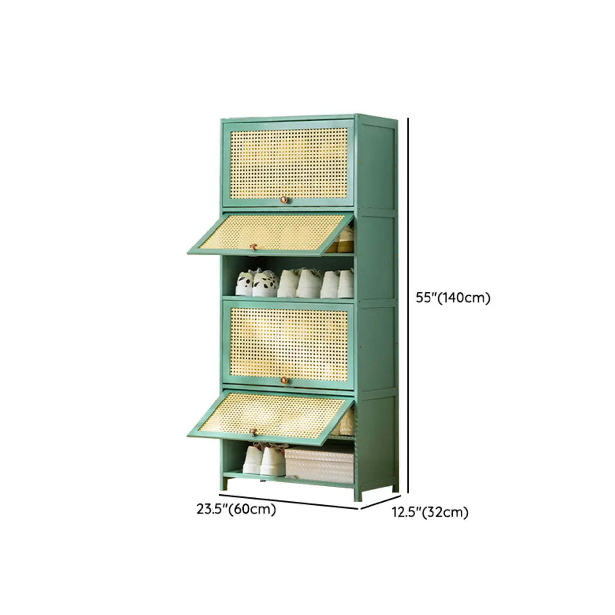 Bohemian Rattan Metal Entryway Green Drop-Front Shoe Storage