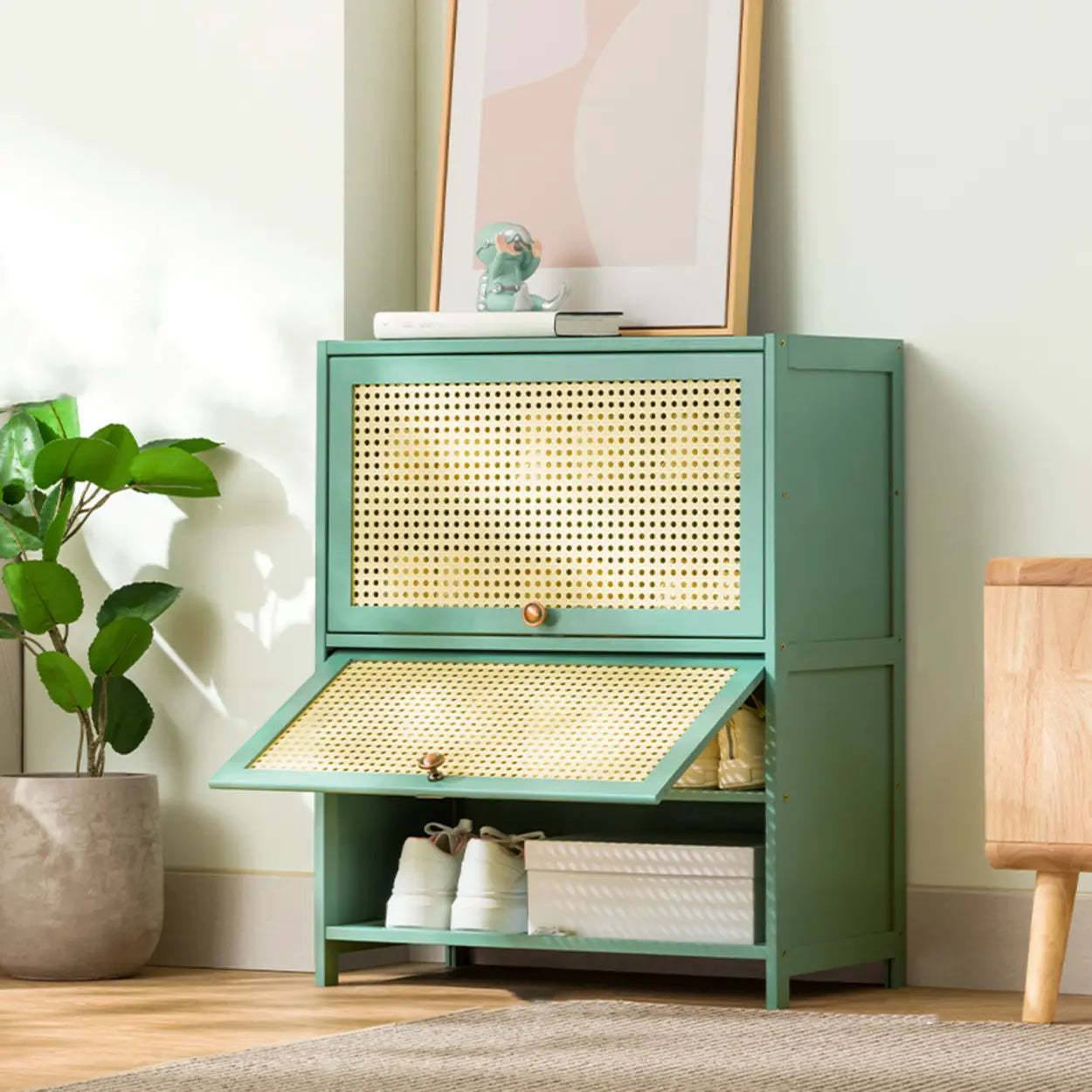 Bohemian Rattan Metal Entryway Green Drop-Front Shoe Storage