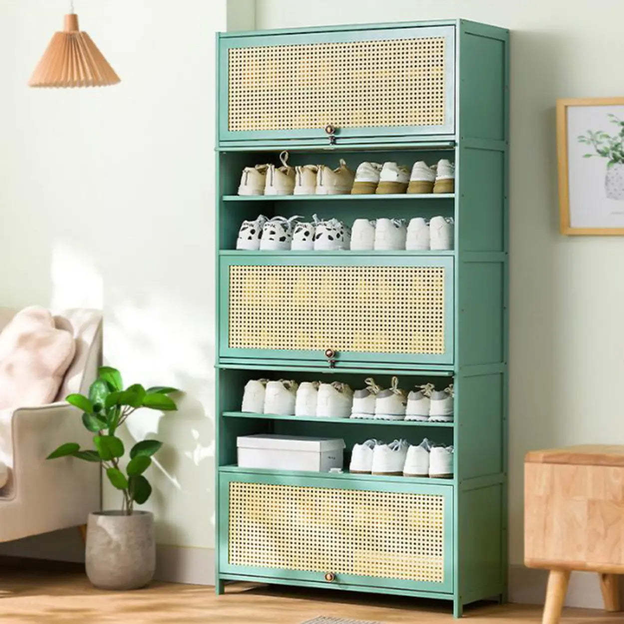 Bohemian Rattan Metal Entryway Green Drop-Front Shoe Storage
