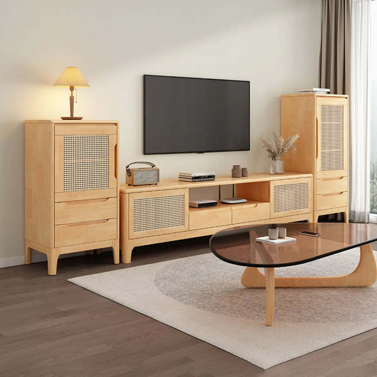 Bohemian Wood Rectangle Open Cabinet TV Stand — Natural Finish