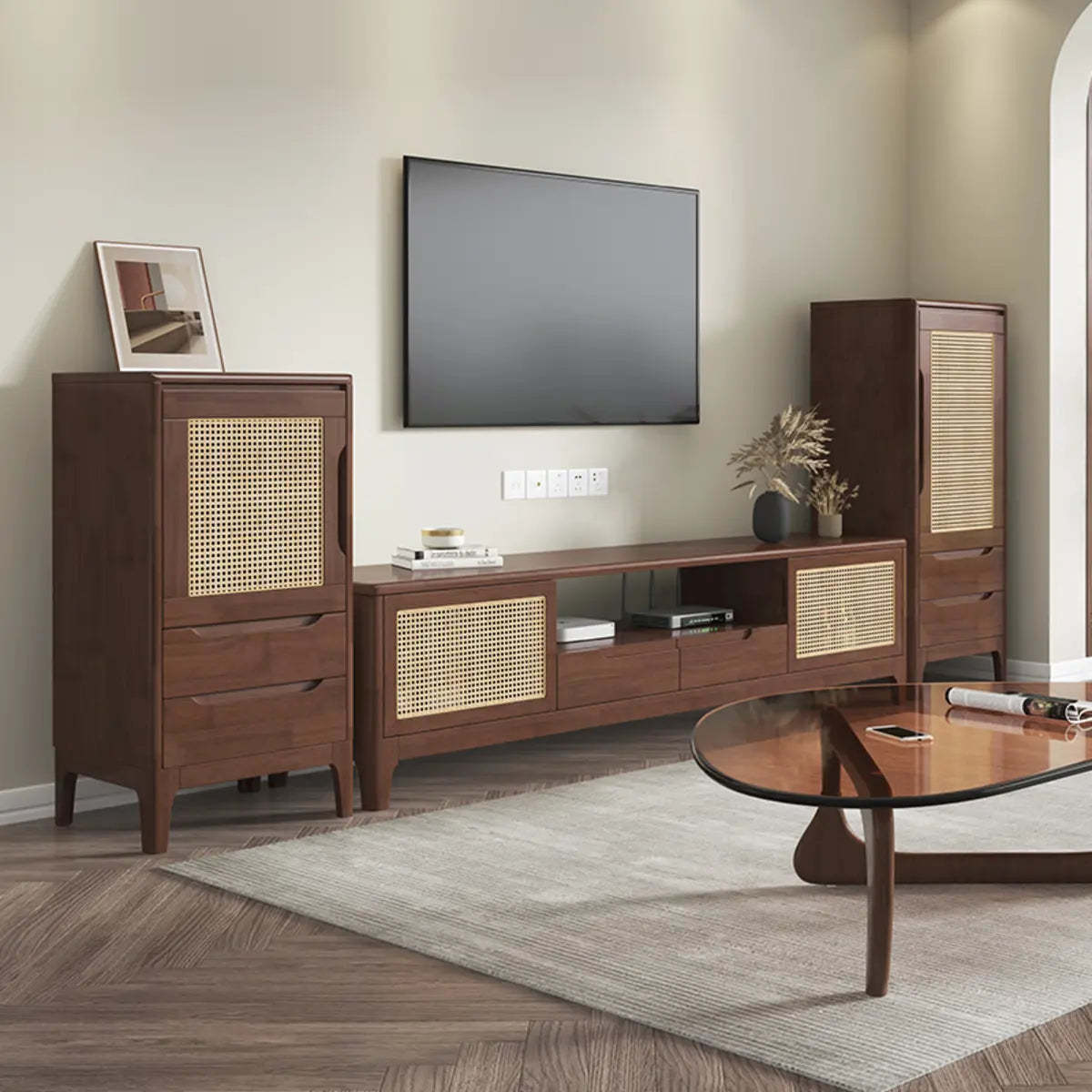 Bohemian Wood Rectangle Open Cabinet TV Stand — Natural Finish