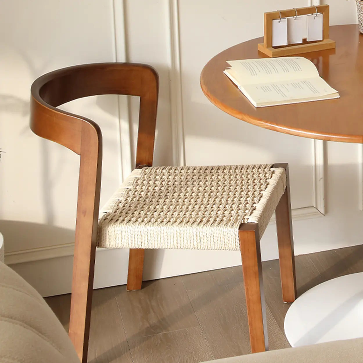 Braided Rope Seat Curved Open Back Wood Dining Chair