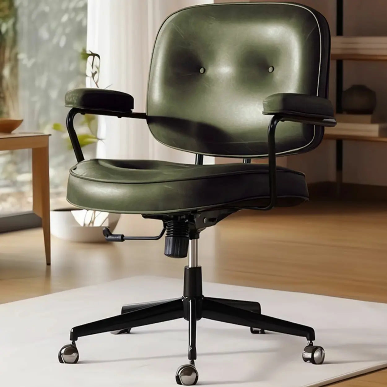 Brown Swivel Leather Office Chair with Casters — 1 Piece / Green / Oiled Leather