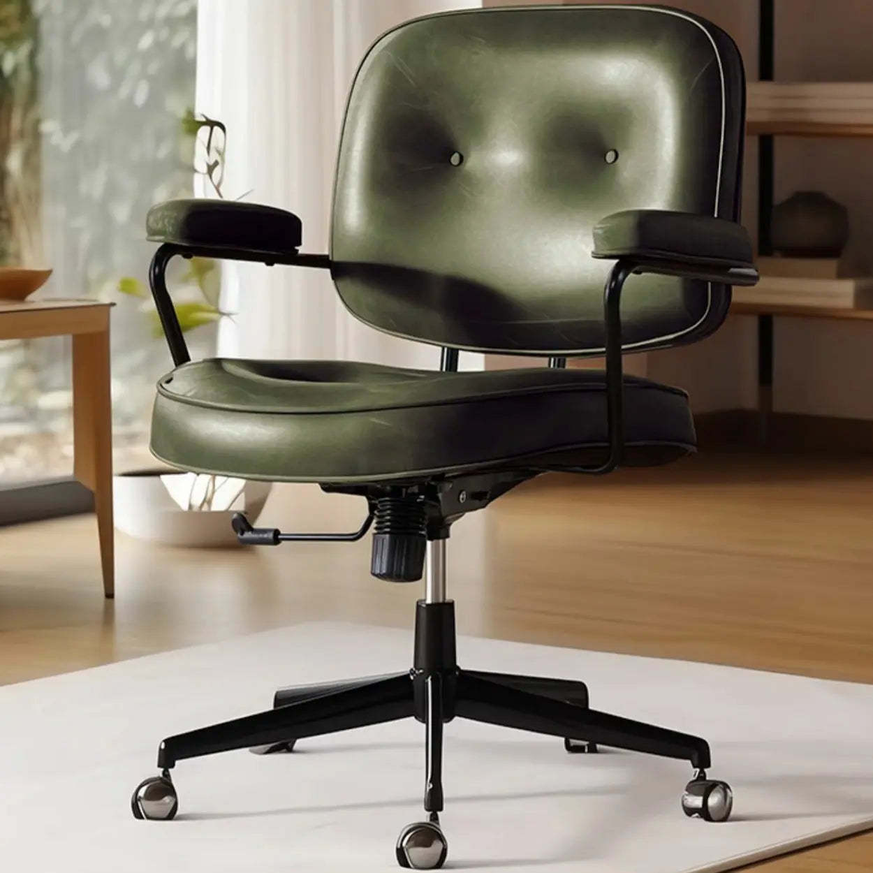 Brown Swivel Leather Office Chair with Casters — 1 Piece / Green / Oiled Leather