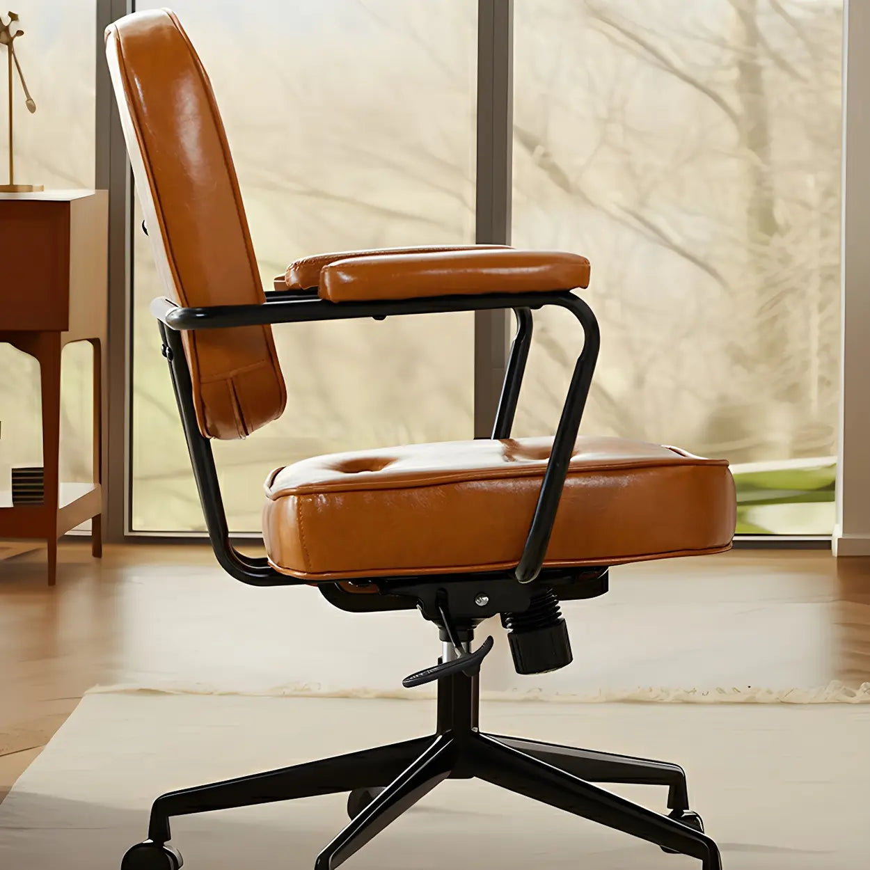 Brown Swivel Leather Office Chair with Casters — 1 Piece / Brown / Oiled Leather