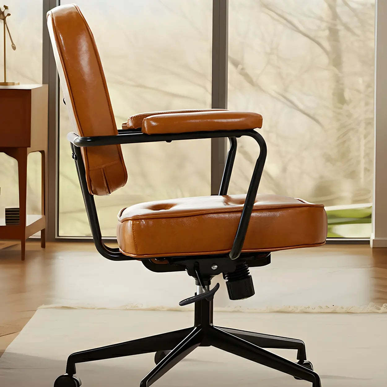 Brown Swivel Leather Office Chair with Casters — 1 Piece / Brown / Oiled Leather
