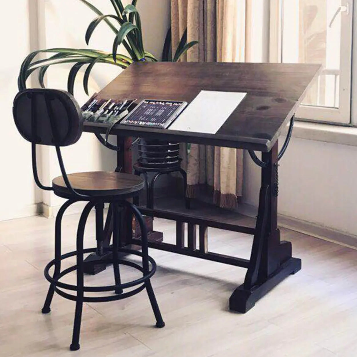 Brown Adjustable Wood Drafting Table with Storage — Table Only