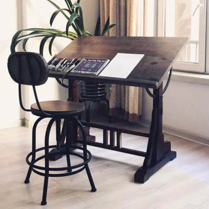 Brown Adjustable Wood Drafting Table with Storage — Table Only