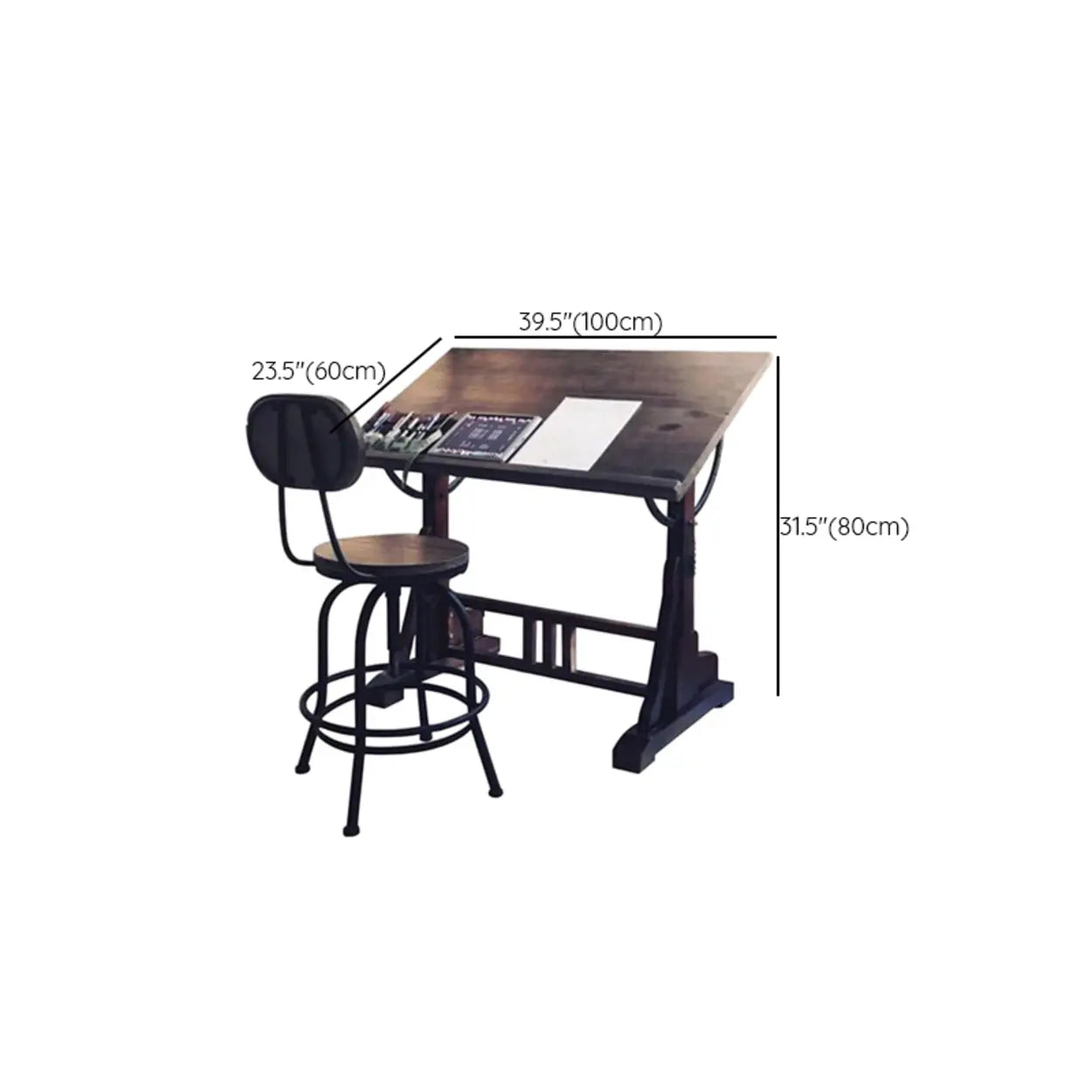 Brown Adjustable Wood Drafting Table with Storage