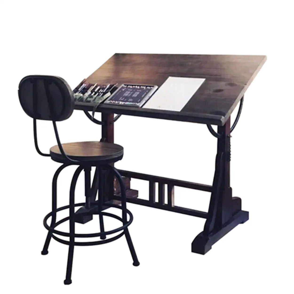Brown Adjustable Wood Drafting Table with Storage — Table Only