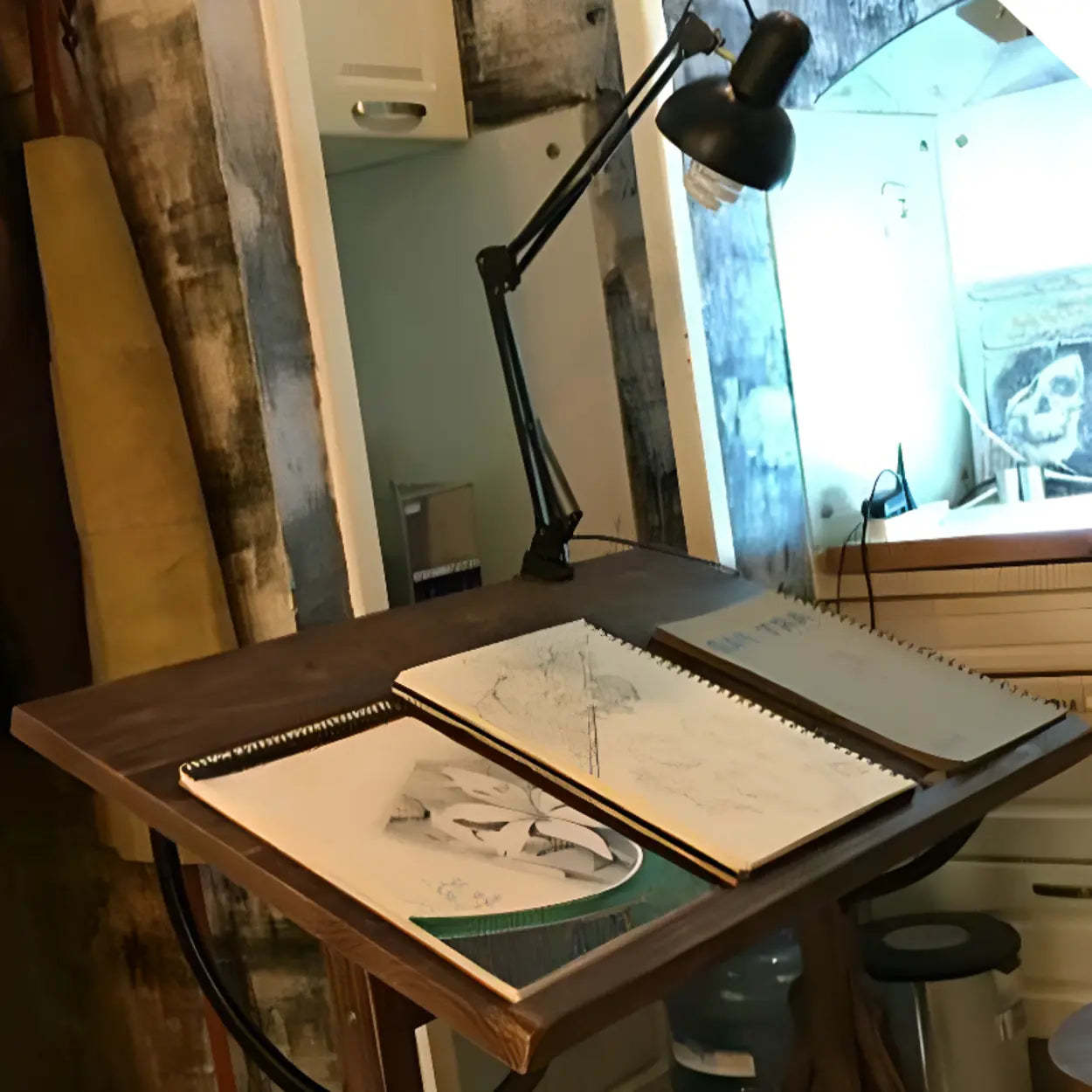 Brown Adjustable Wood Drafting Table with Storage