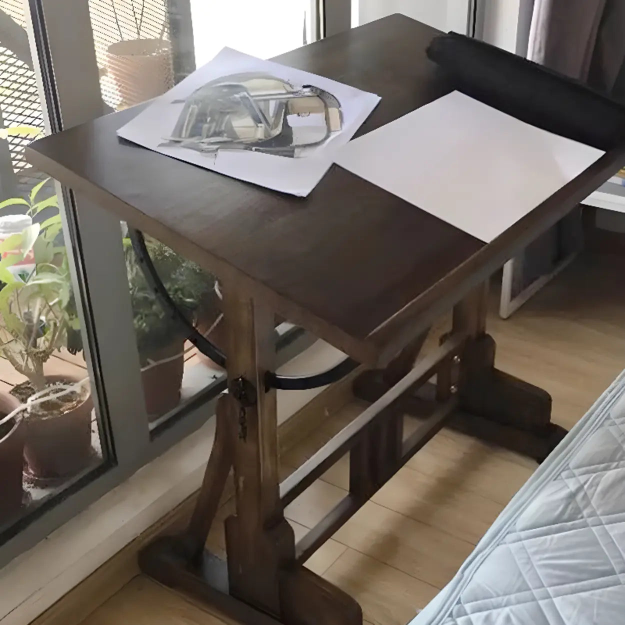 Brown Adjustable Wood Drafting Table with Storage