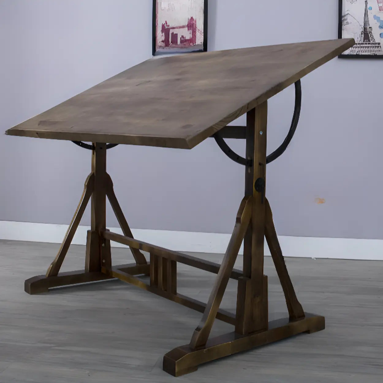 Brown Adjustable Wood Drafting Table with Storage