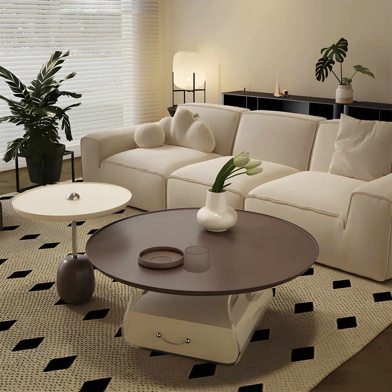 Brown Block Base Round Storage Coffee Table