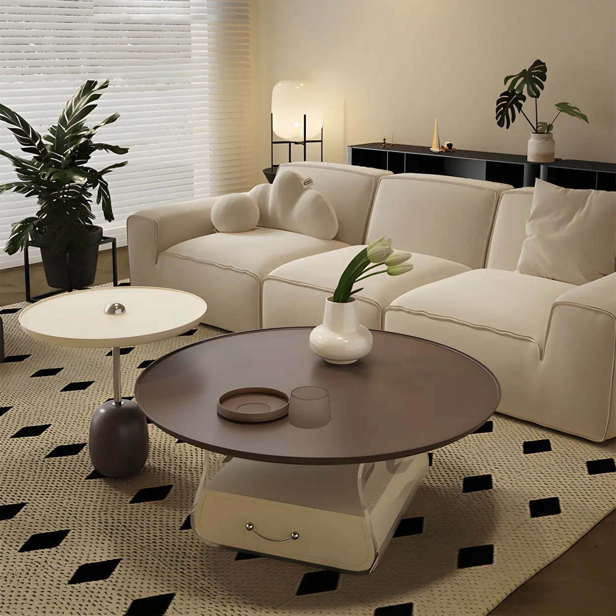 Brown Block Base Round Storage Coffee Table