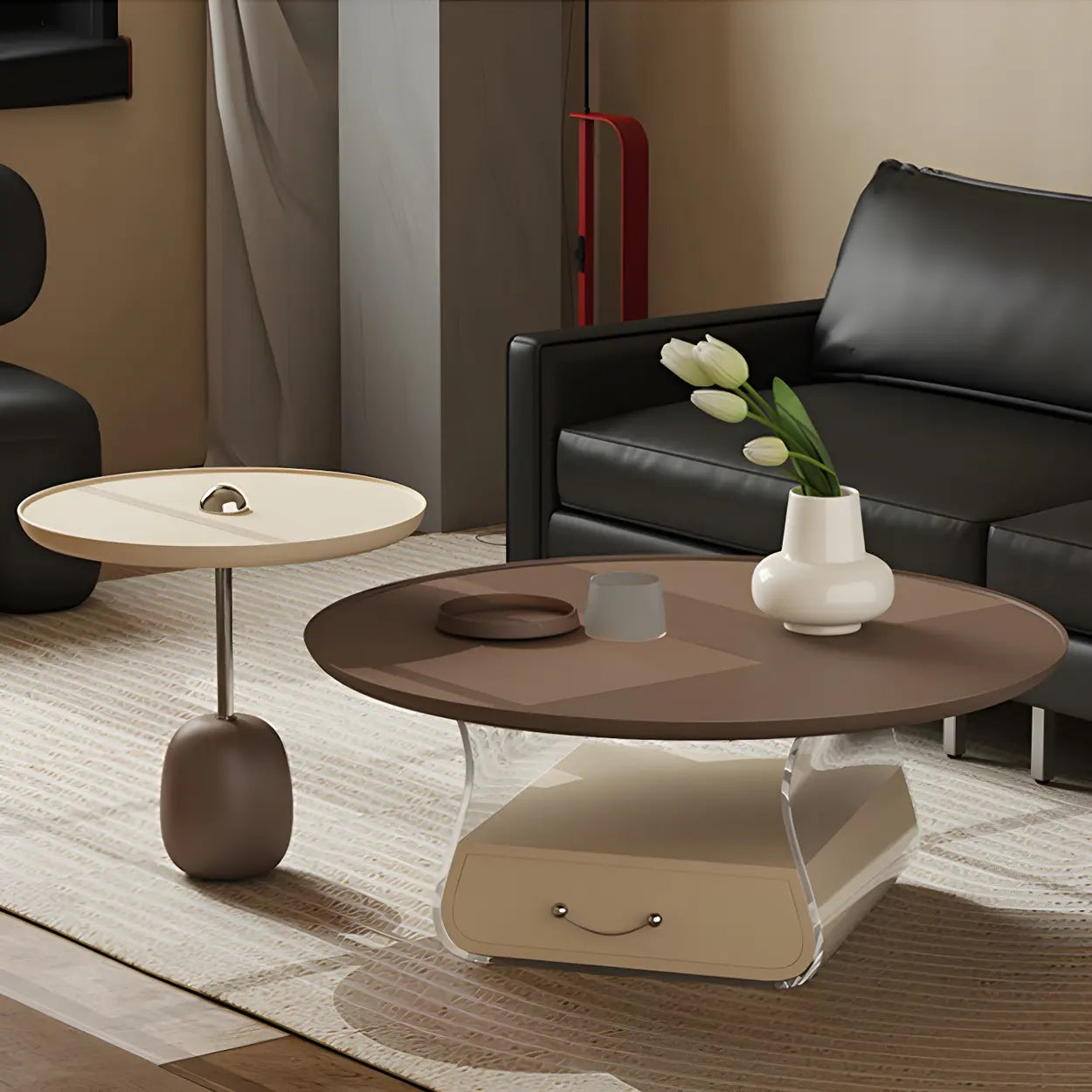 Brown Block Base Round Storage Coffee Table