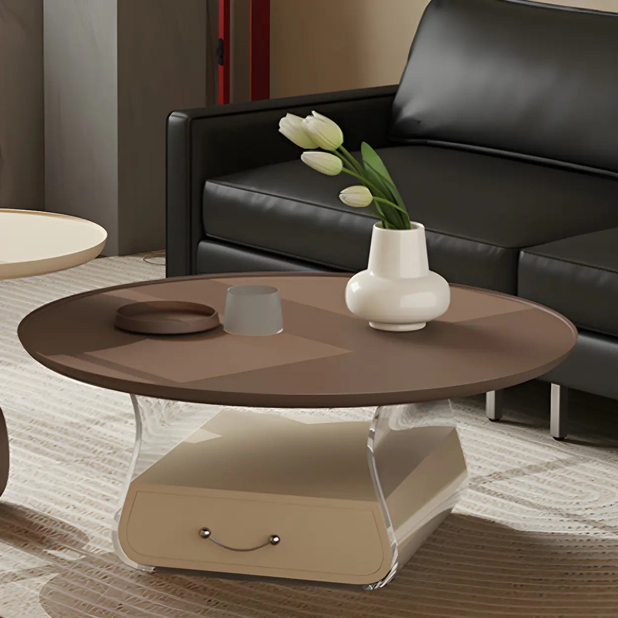 Brown Block Base Round Storage Coffee Table