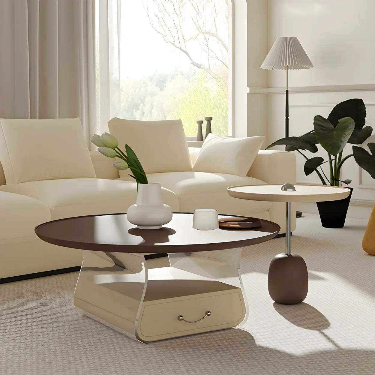 Brown Block Base Round Storage Coffee Table