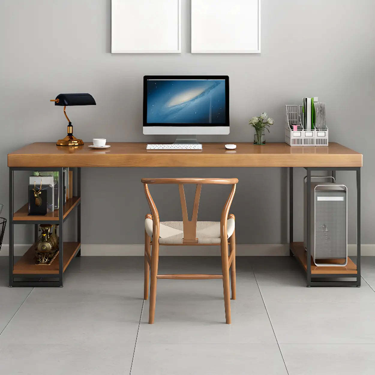 Brown Butcher Block Shelving Computer Desk — Without Chairs