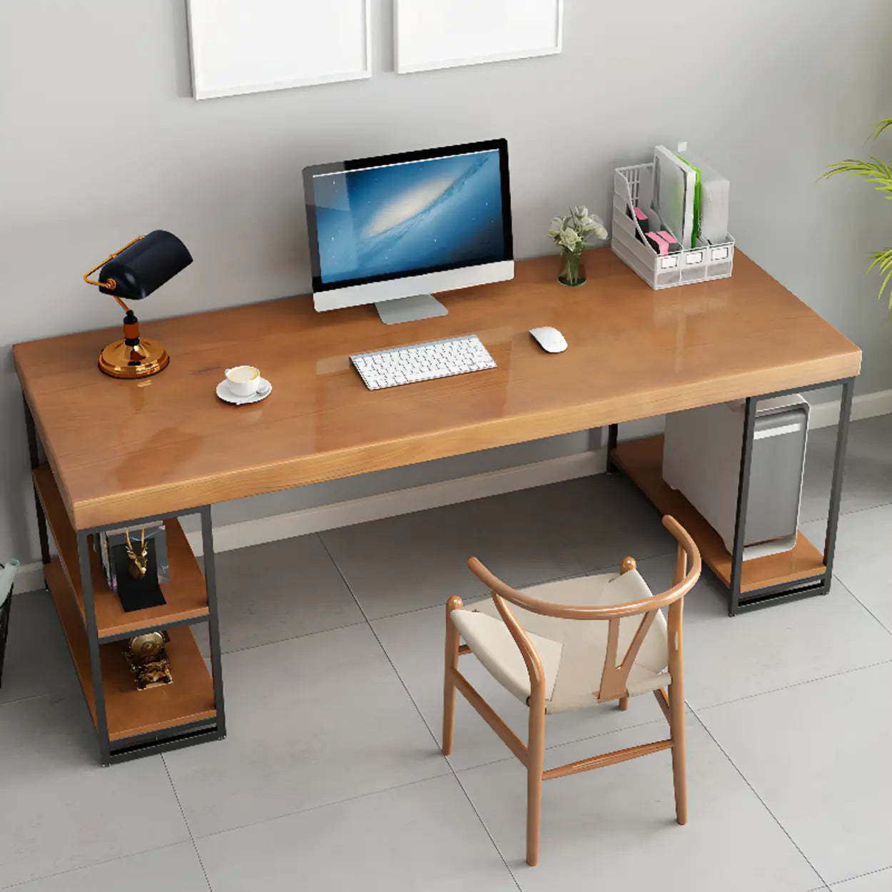 Brown Butcher Block Shelving Computer Desk — Without Chairs
