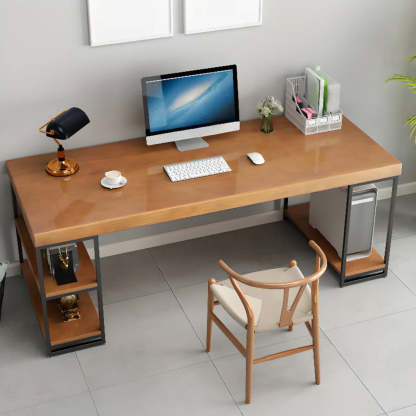 Brown Butcher Block Shelving Computer Desk — Without Chairs