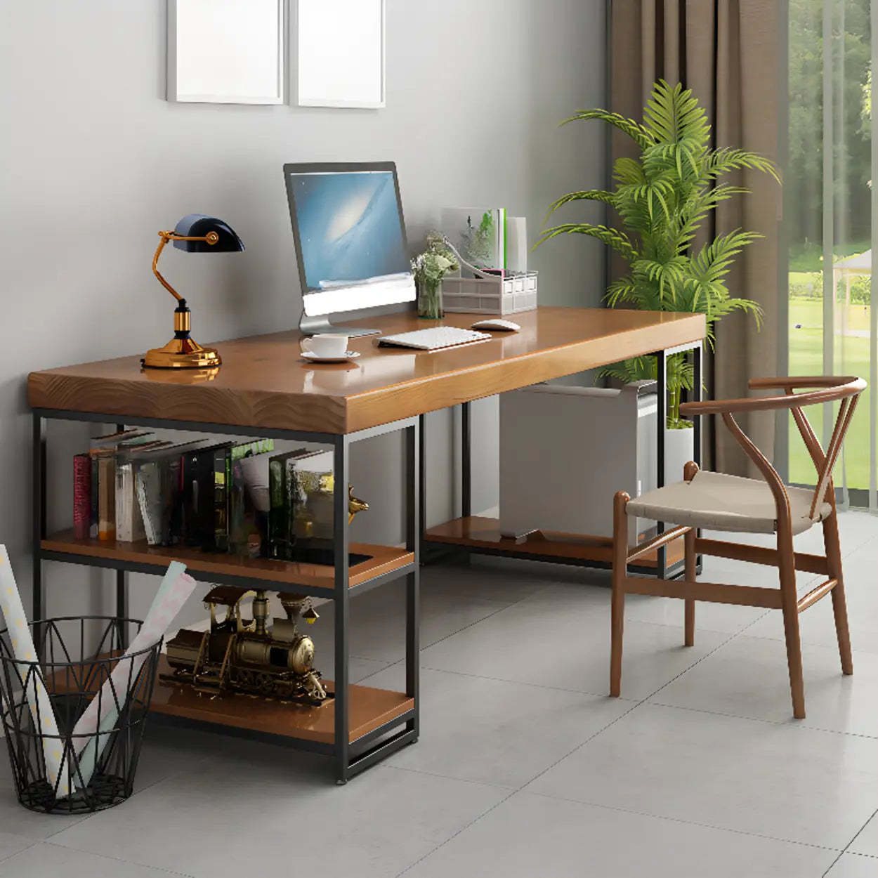 Brown Butcher Block Shelving Computer Desk — Without Chairs