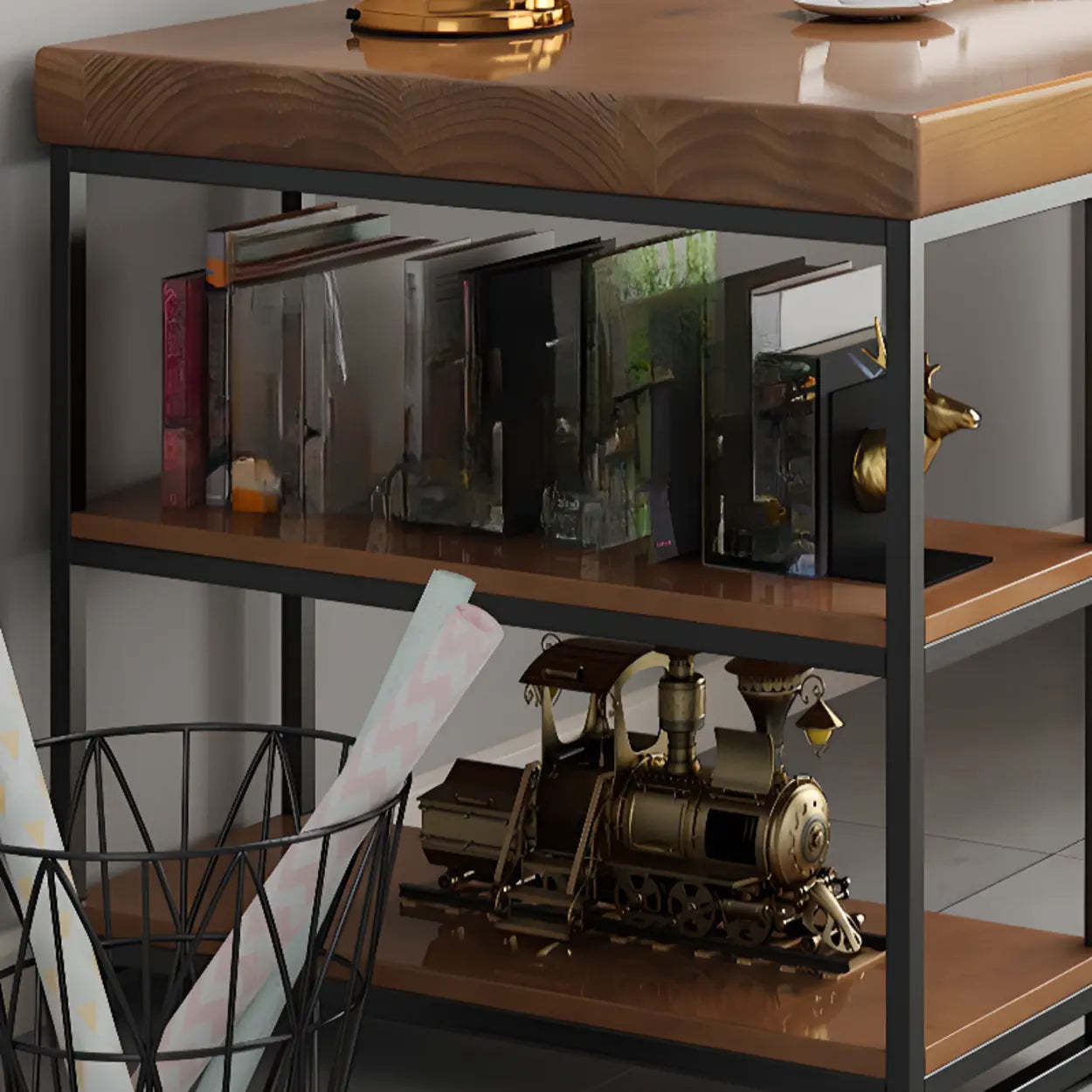 Brown Butcher Block Shelving Computer Desk — Without Chairs