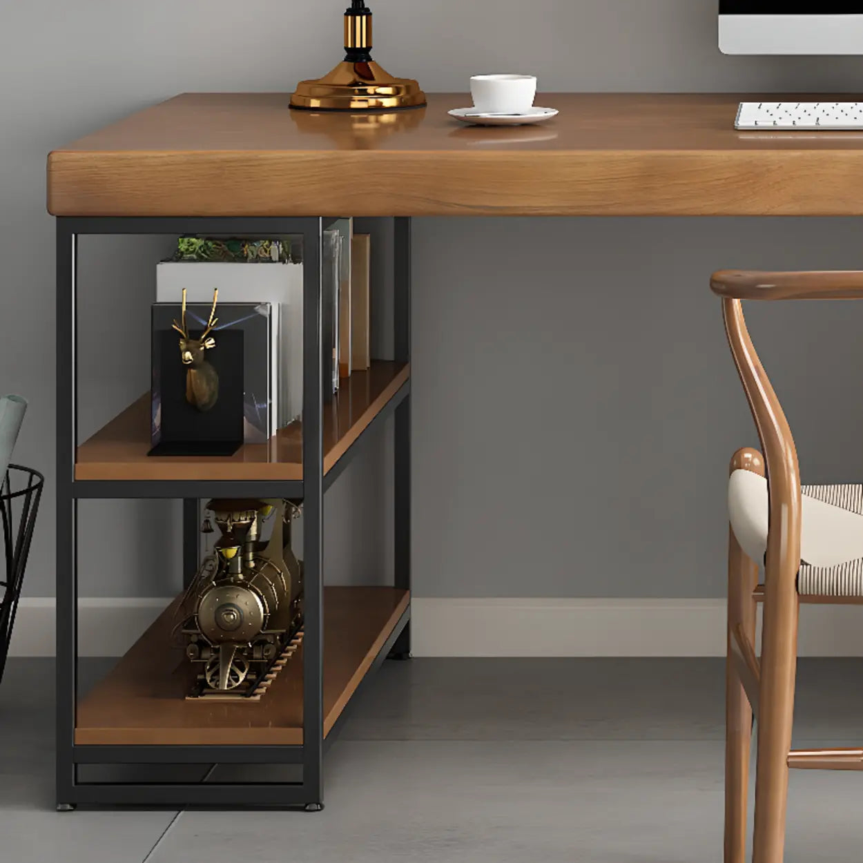 Brown Butcher Block Shelving Computer Desk — Without Chairs