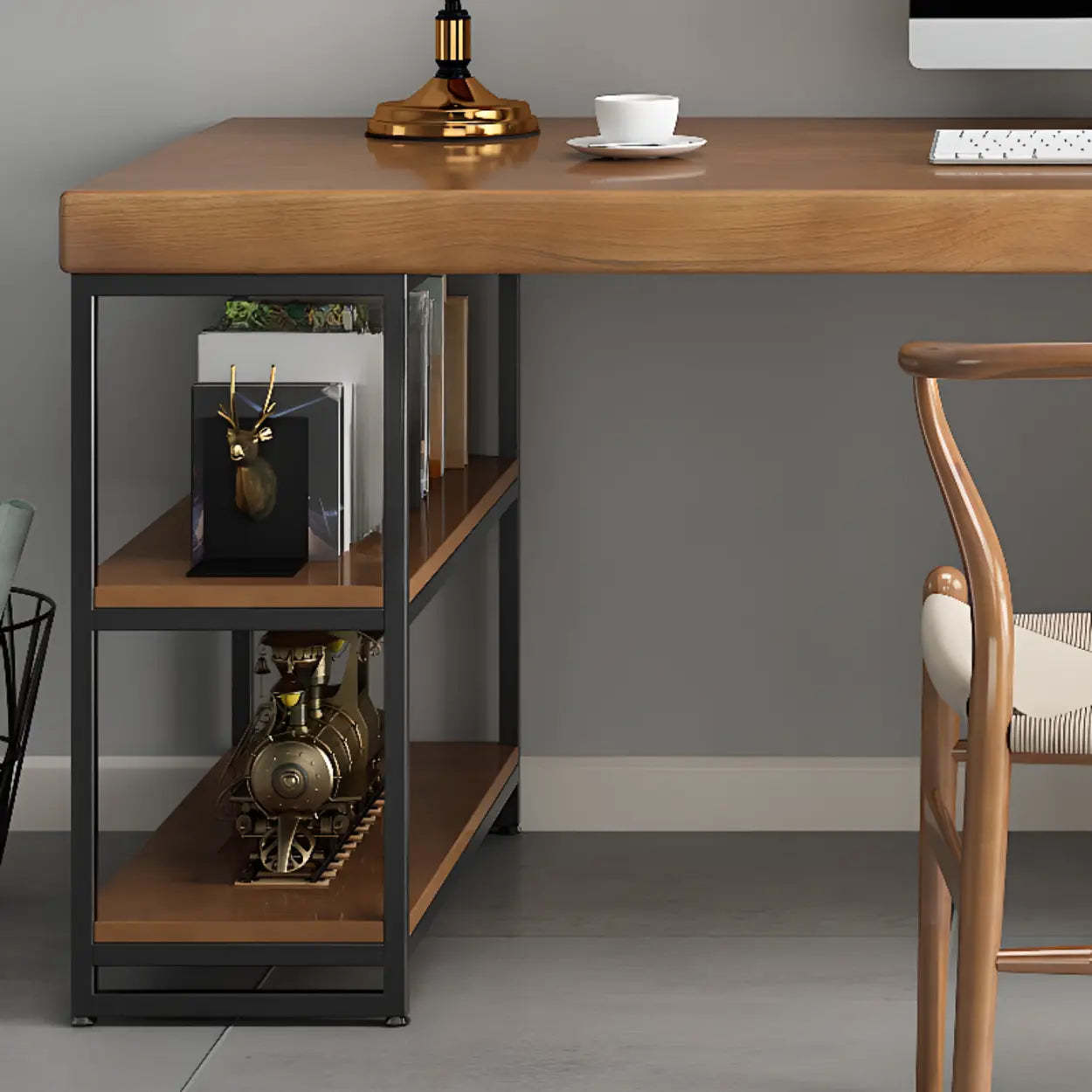 Brown Butcher Block Shelving Computer Desk — Without Chairs