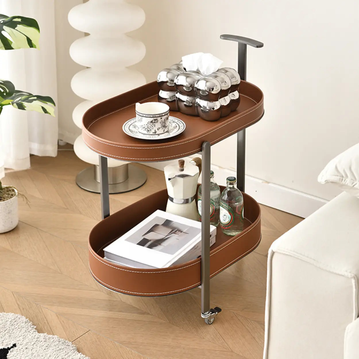 Brown Elliptical Leather Rolling Side Table