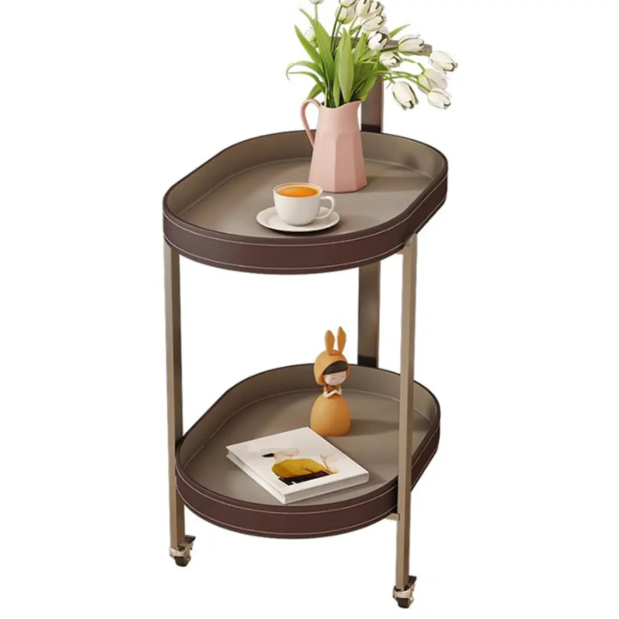 Brown Elliptical Leather Rolling Side Table