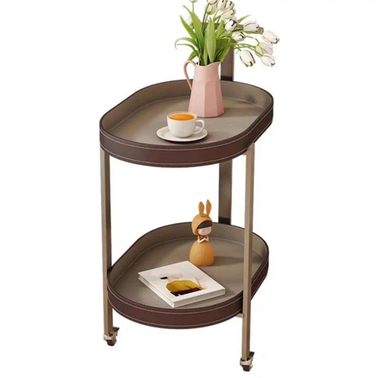 Brown Elliptical Leather Rolling Side Table