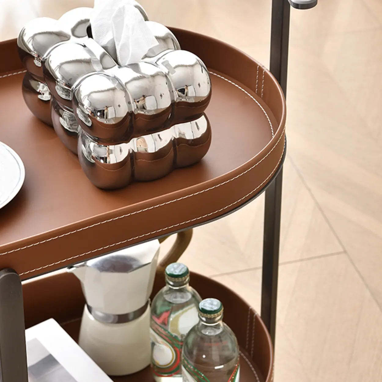 Brown Elliptical Leather Rolling Side Table