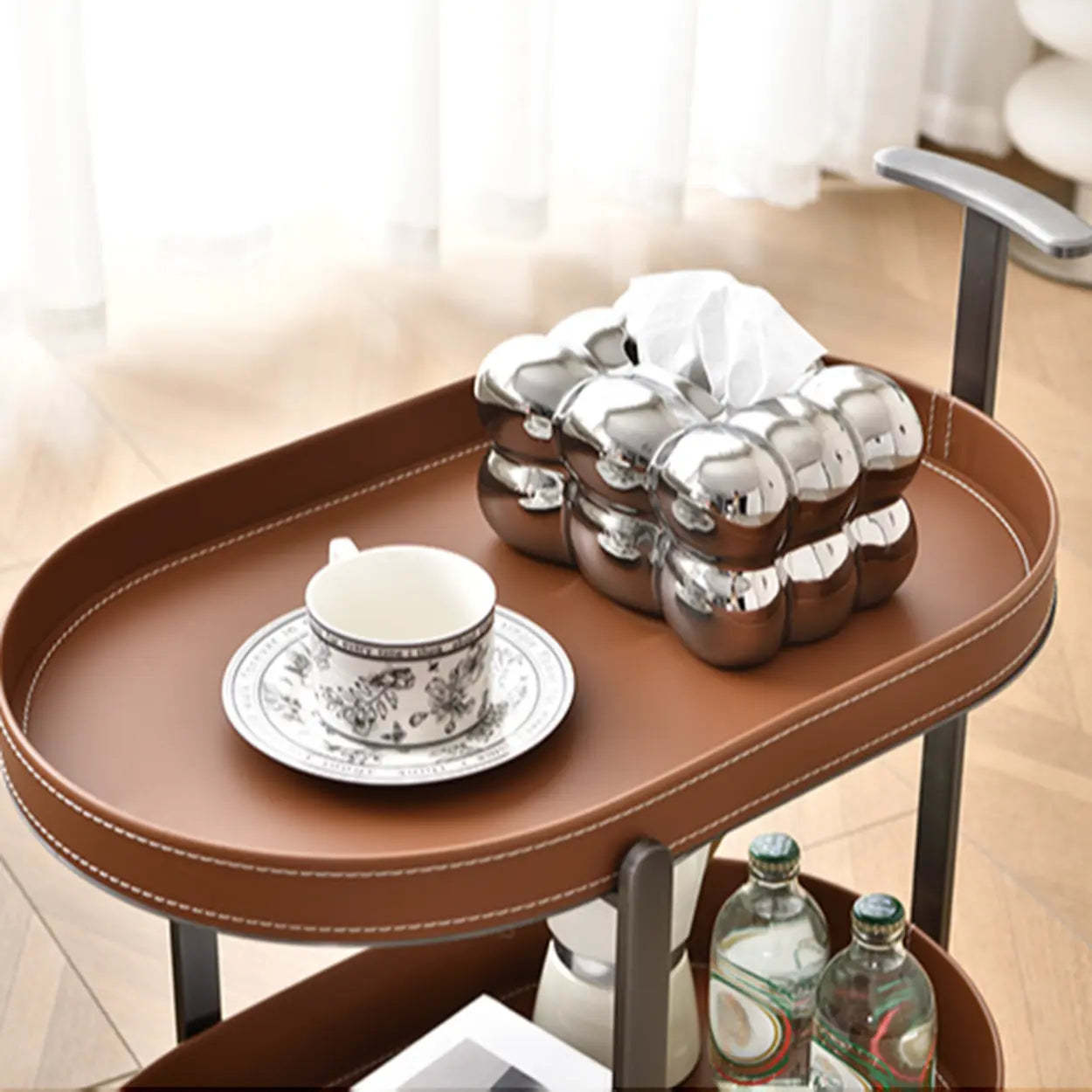 Brown Elliptical Leather Rolling Side Table