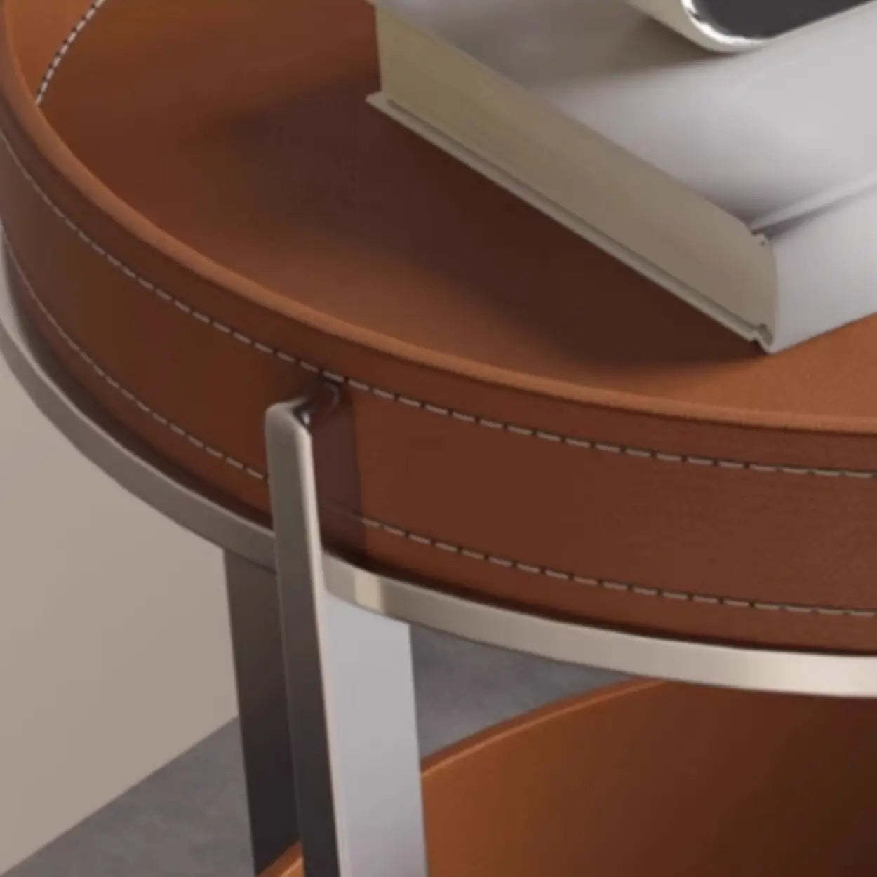Brown Elliptical Leather Rolling Side Table