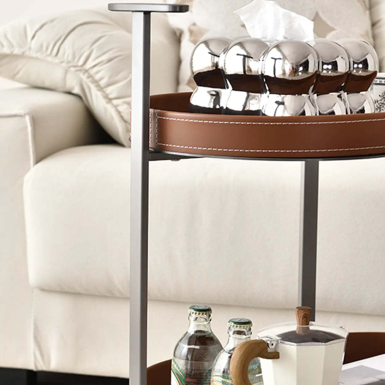 Brown Elliptical Leather Rolling Side Table