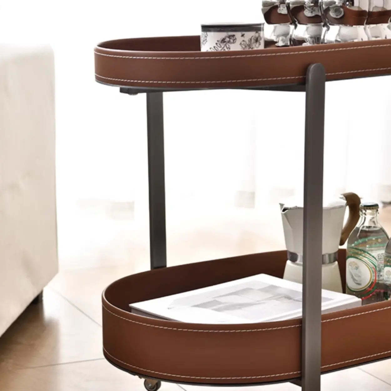 Brown Elliptical Leather Rolling Side Table