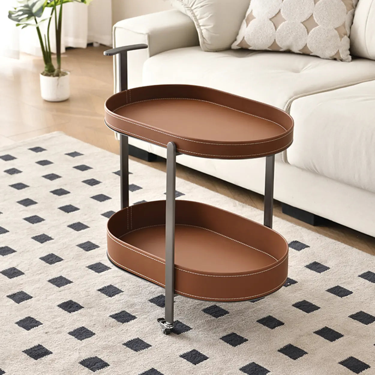 Brown Elliptical Leather Rolling Side Table — White