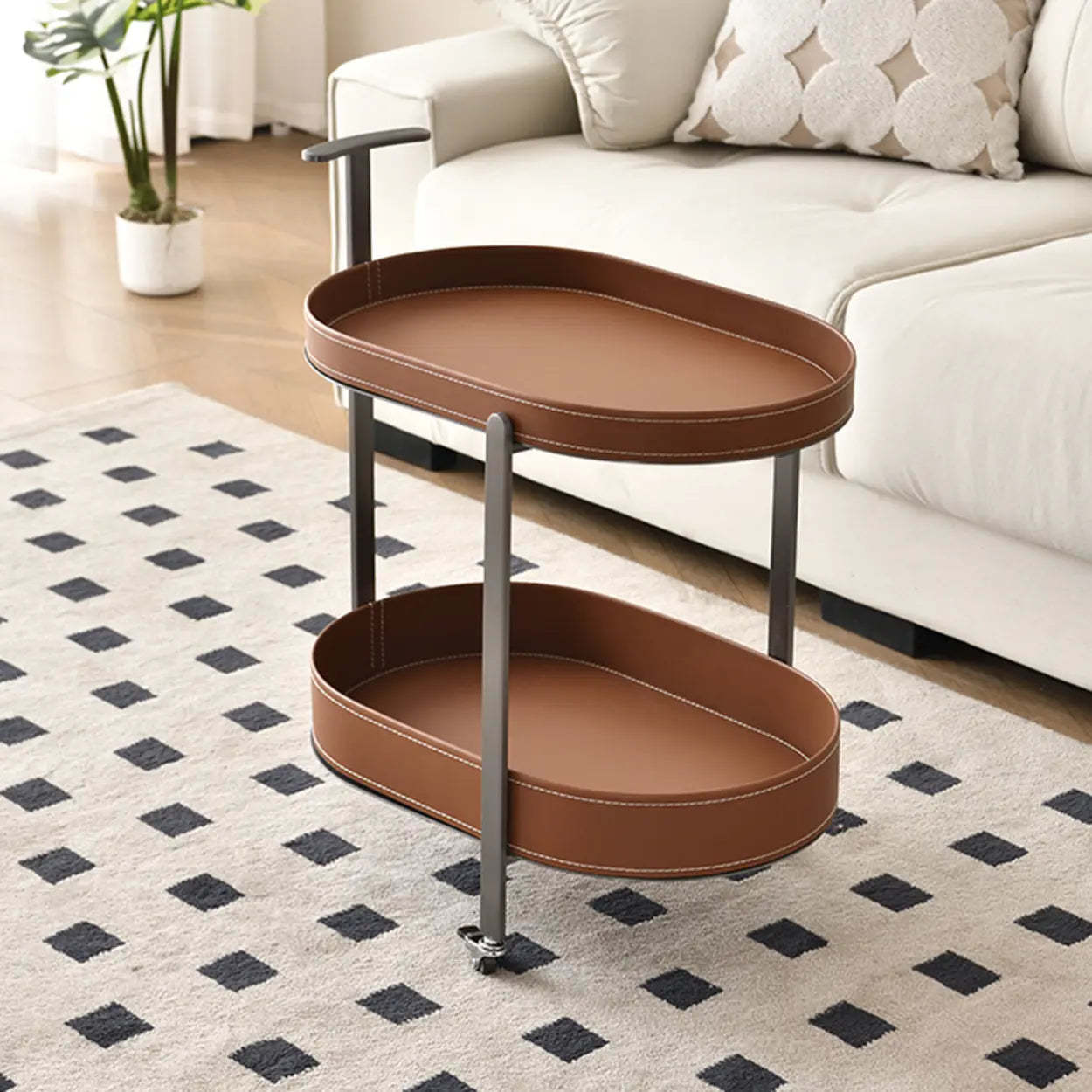 Brown Elliptical Leather Rolling Side Table — White