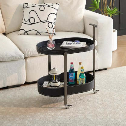 Brown Elliptical Leather Rolling Side Table — Brown
