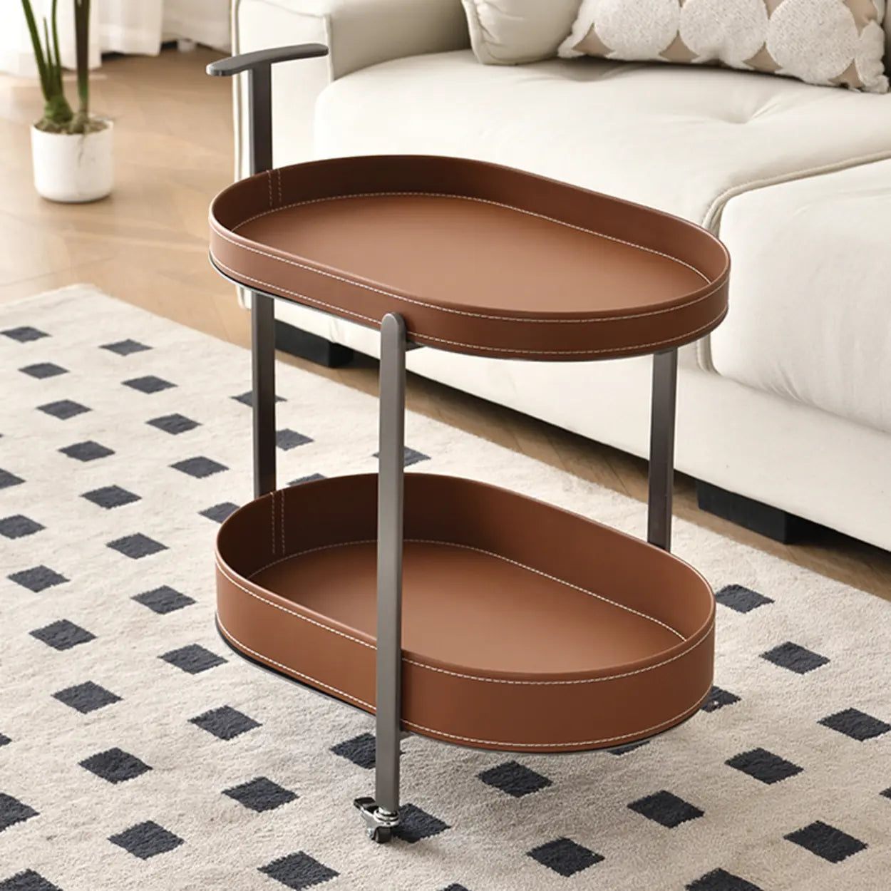 Brown Elliptical Leather Rolling Side Table — Khaki
