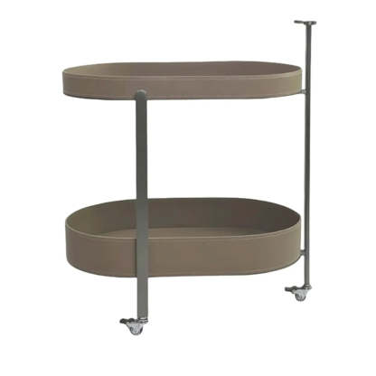 Brown Elliptical Leather Rolling Side Table