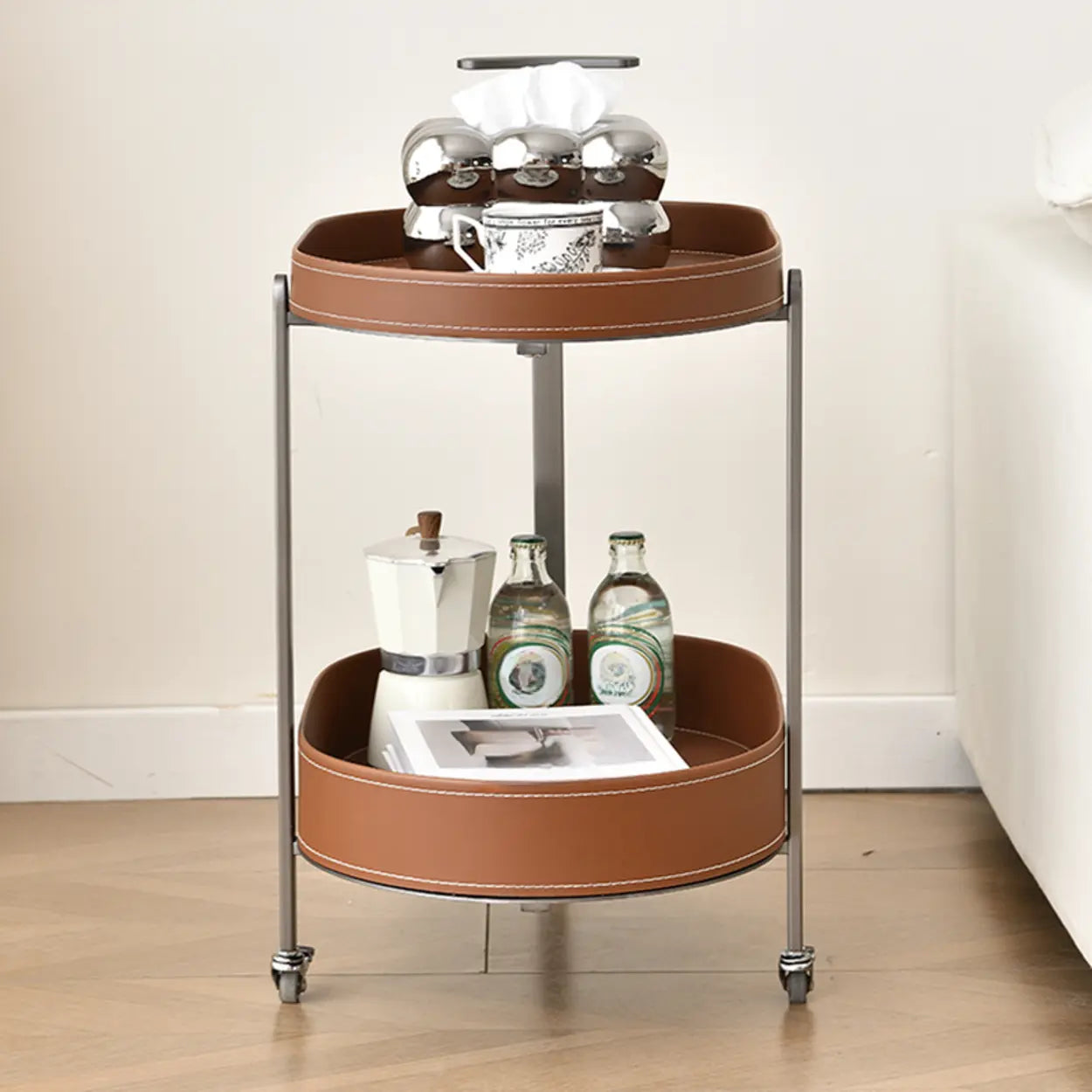 Brown Elliptical Leather Rolling Side Table