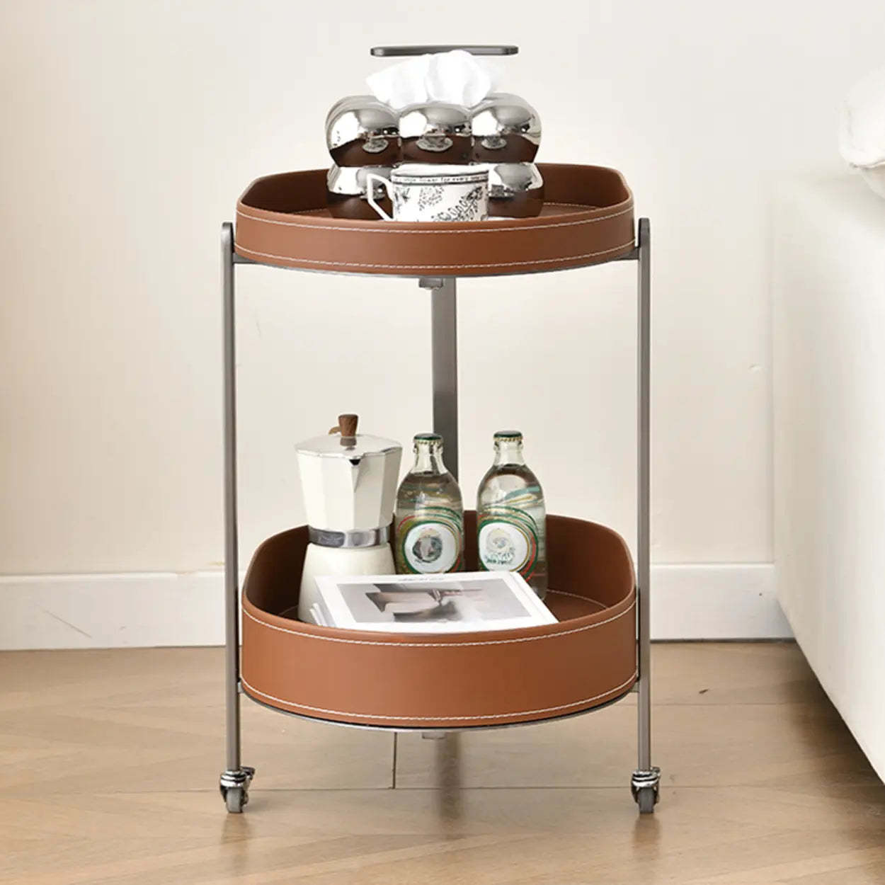 Brown Elliptical Leather Rolling Side Table