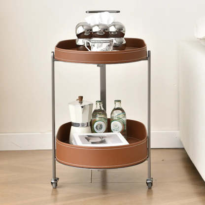 Brown Elliptical Leather Rolling Side Table