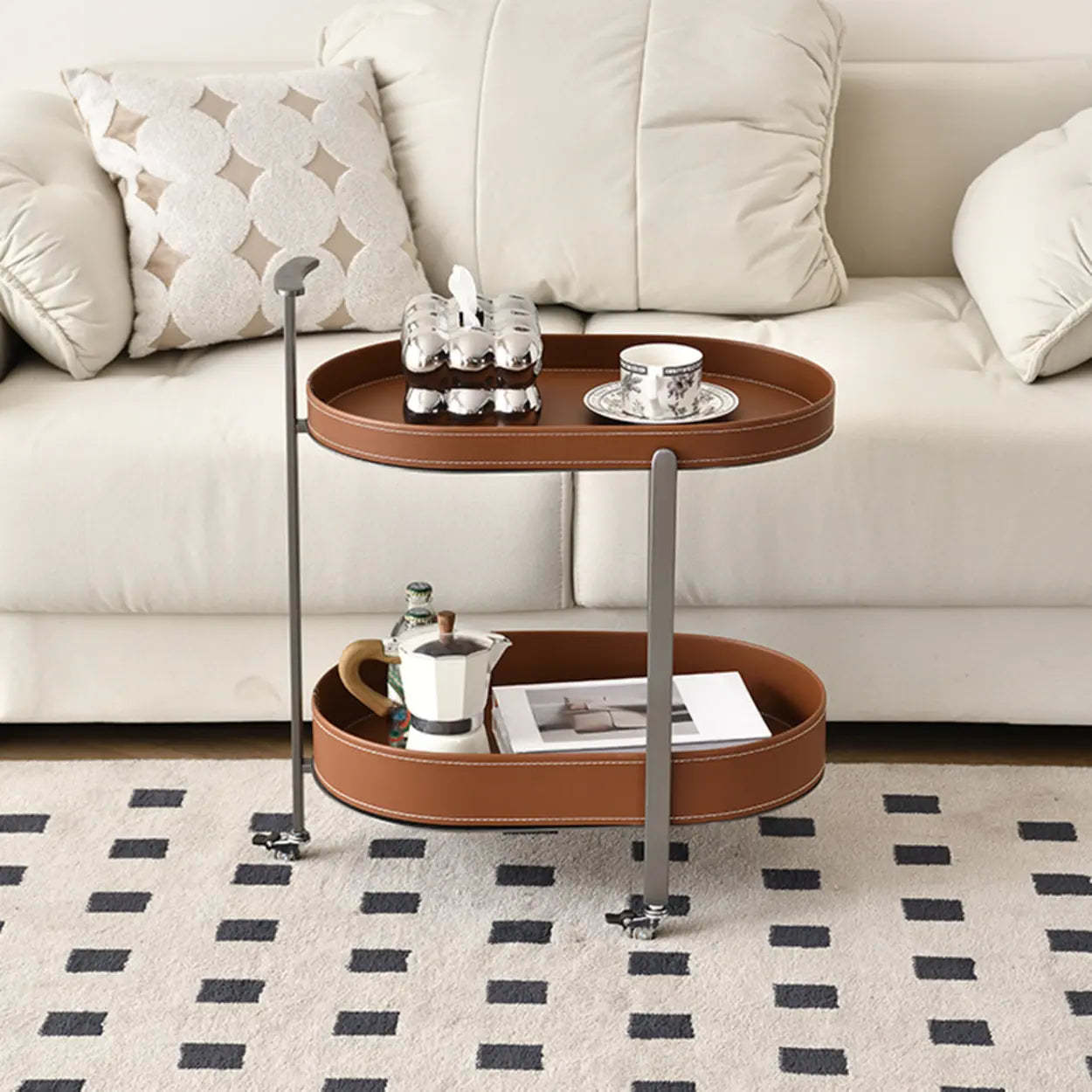 Brown Elliptical Leather Rolling Side Table
