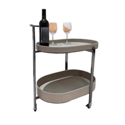 Brown Elliptical Leather Rolling Side Table
