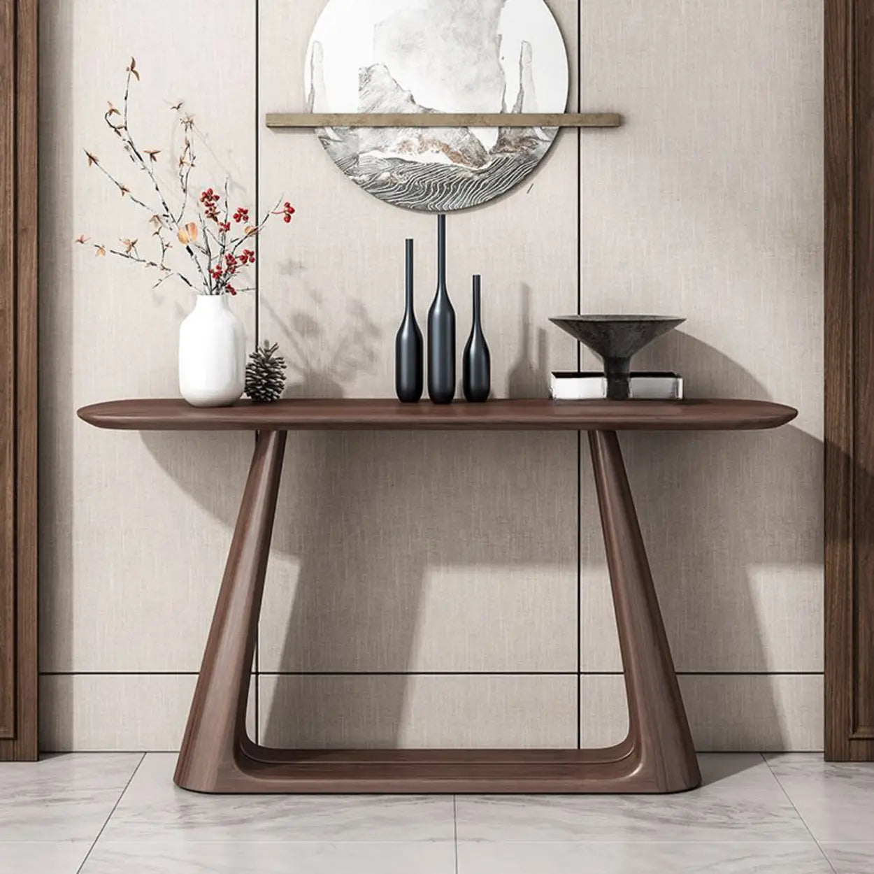 Brown Curved Pine Dark Wood Entryway Console Table
