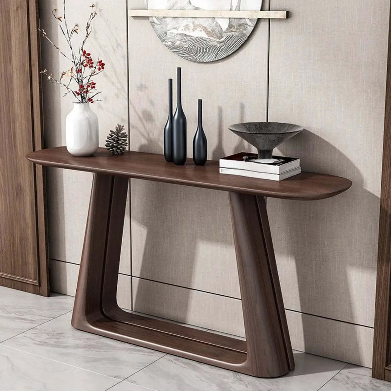 Brown Curved Pine Dark Wood Entryway Console Table